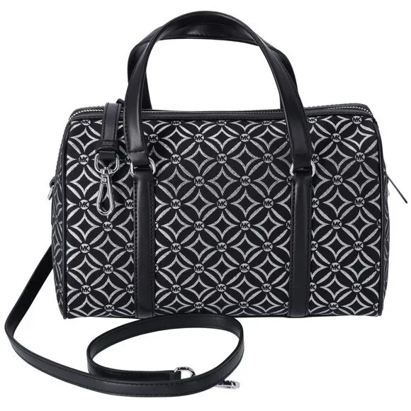 Michael Kors Jet Set Medium Duffle Bag Black Silver Logo Silver Metallic - Picture 3 of 4